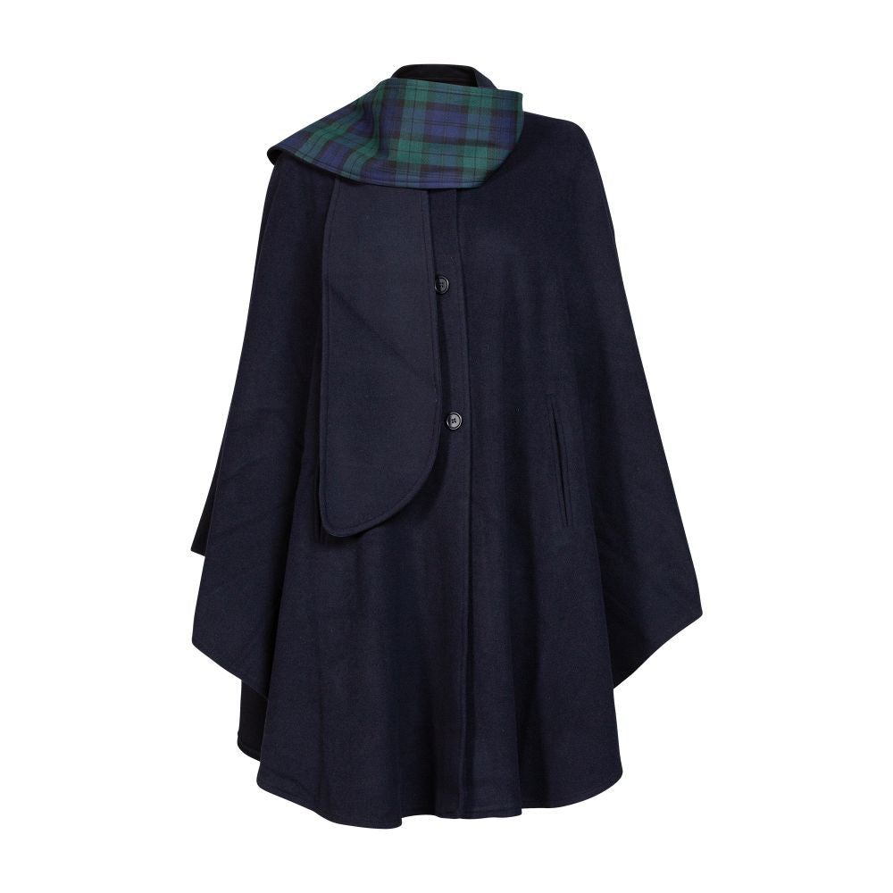 Women's 3 Button Cashmere Scarf Cape Navy with Black Watch Trim