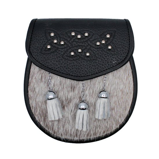 Scottish Made - Semi Dress Studded Celtic Interweave Sporran - Grey Calfskin