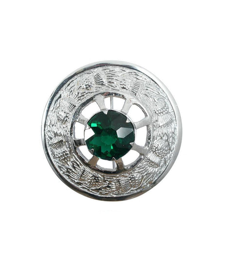 Thistle Design and Green Stone Brooch - Chrome Finish