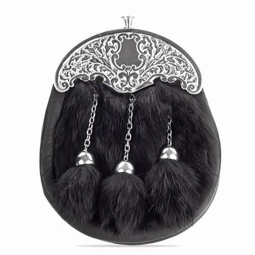 Kids Full Dress Black Rabbit Fur Sporran, Ornate Cantle