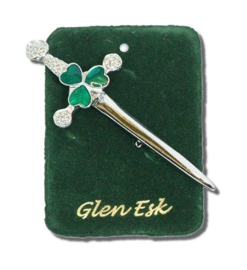 Irish Green Shamrock Kilt Pin Chrome Finish