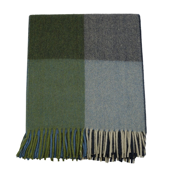 Wool Tartan Blanket - 60'' x 70'' - Herringbone Blue/Green/Grey Check