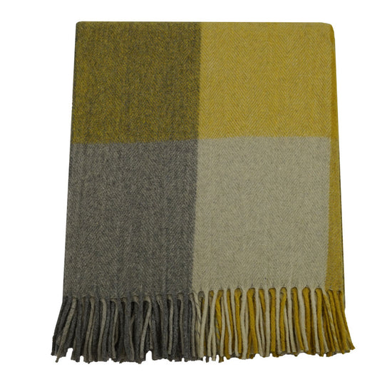 Wool Tartan Blanket - 60'' x 70'' - Herringbone Yellow/Grey Check