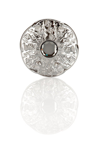 Jewel Thistle Plaid Brooch In Chrome Finish With Black Stone