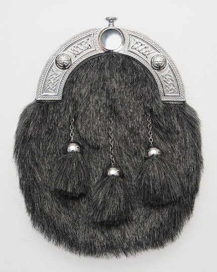 Full Dress Chrome Knot Sporran - Dark Grey Synthetic Fur