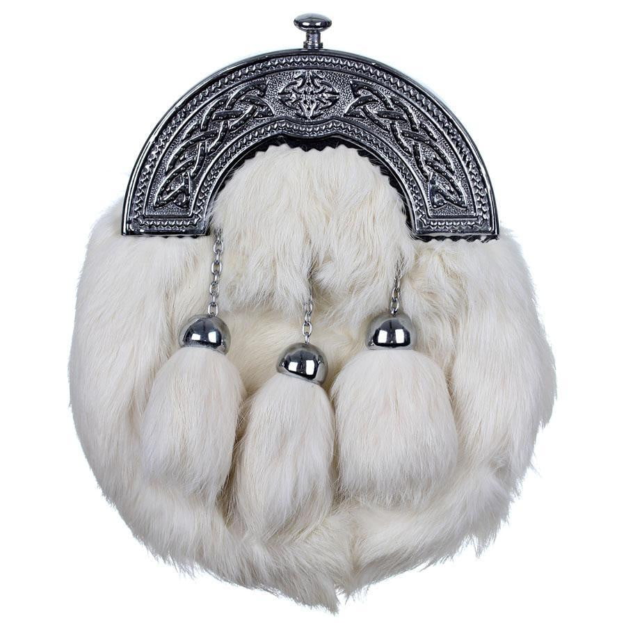 Scottish Full Dress Kilt Sporran - White Rabbit Fur, Chrome Celtic Cantle, Genuine Leather, Adjustable 50" Chain