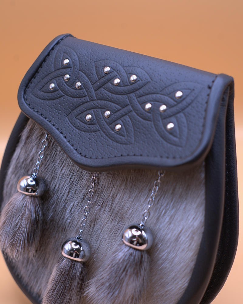 Scottish Made - Semi Dress Celtic Knot 14 Stud Embossed Sporran - Brown and Grey Sealskin