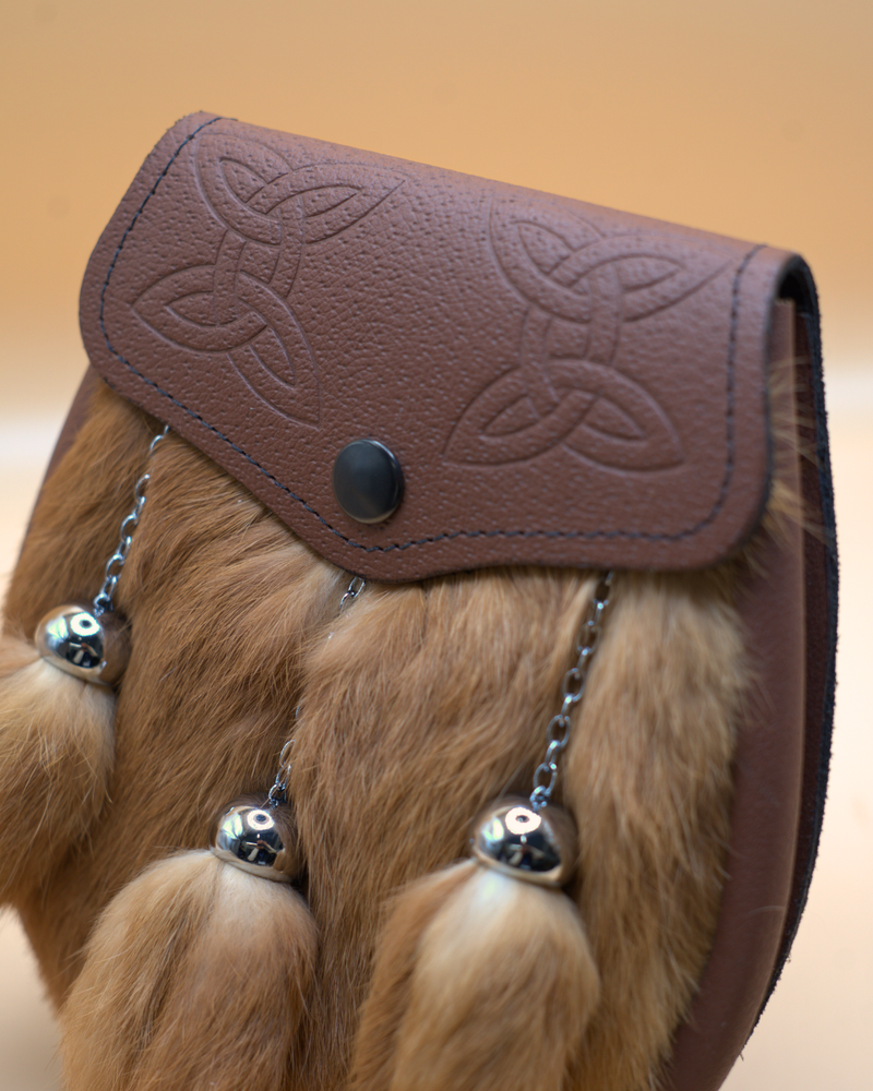 Scottish Made - Semi Dress Celtic Knot Embossed Sporran - Sandstone Rabbit Fur