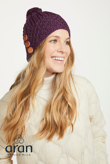 Women's Merino Wool Button Detail Hat with Bobble by Aran Mills