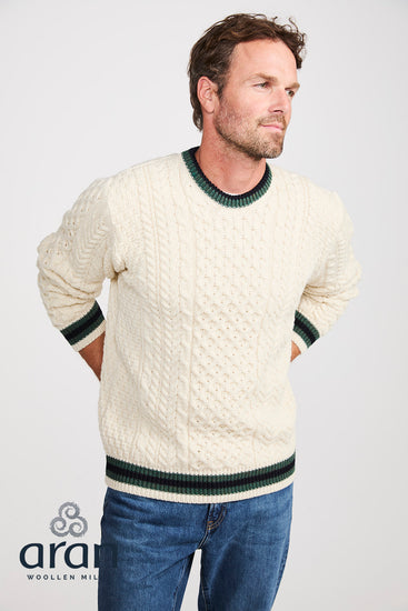 Mens Merino Wool Stripe Crew Neck Sweater by Aran Mills - Cream/Green