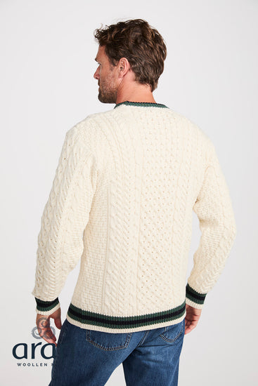 Mens Merino Wool Stripe Crew Neck Sweater by Aran Mills - Cream/Green