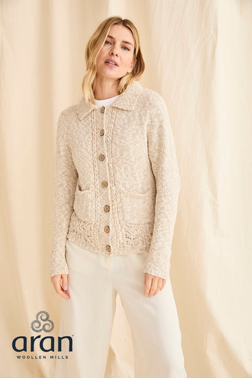 Ladies Cotton/Linen Collared Cardigan by Aran Mills - Oatmeal