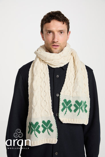 Unisex Merino Wool Cable Pattern Scarf with Shamrock Design by Aran Mills