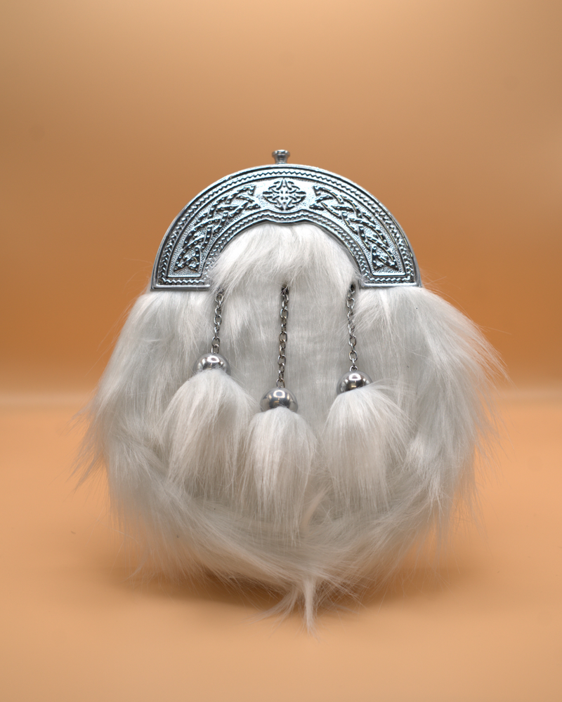 Instock Chrome Plain Celtic Cantle Sporran - White Synthetic Fur