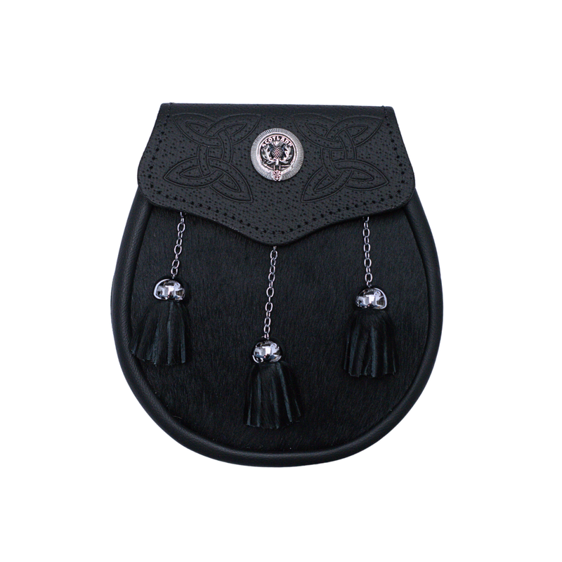 Black Calfskin Thistle Semi Dress Sporran Made in Scotland