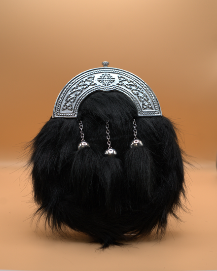 Instock Chrome Plain Celtic Cantle Sporran - Black Synthetic Fur