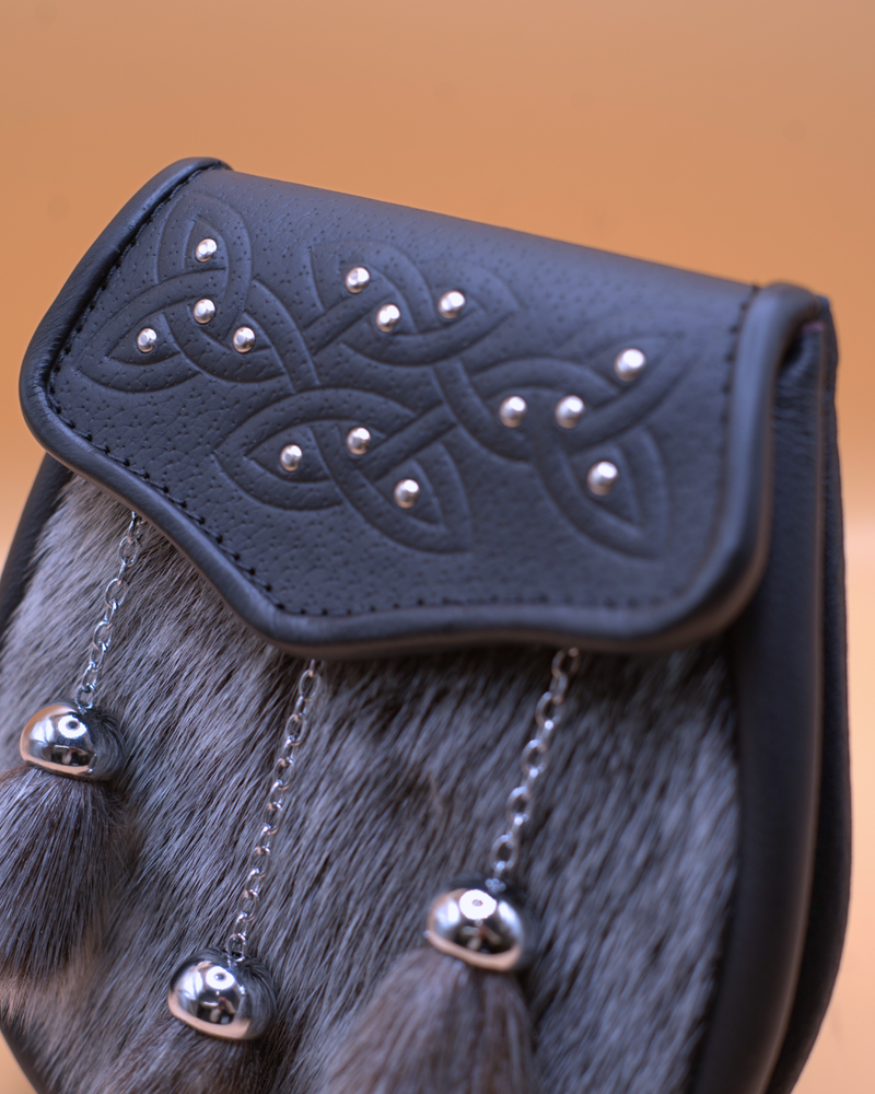 Scottish Made - Semi Dress Celtic Knot 14 Stud Embossed Sporran - Grey Sealskin