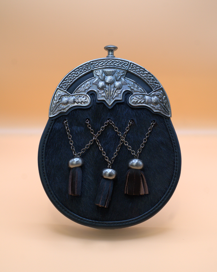 Full Dress Antique Cross Tassels Sporran with Ornate Thistle Design - Black Calfskin