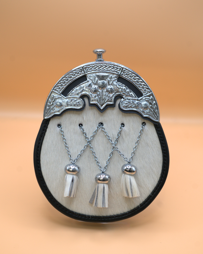 Full Dress Chrome Cross Tassels Sporran with Ornate Thistle Design - Natural Calfskin