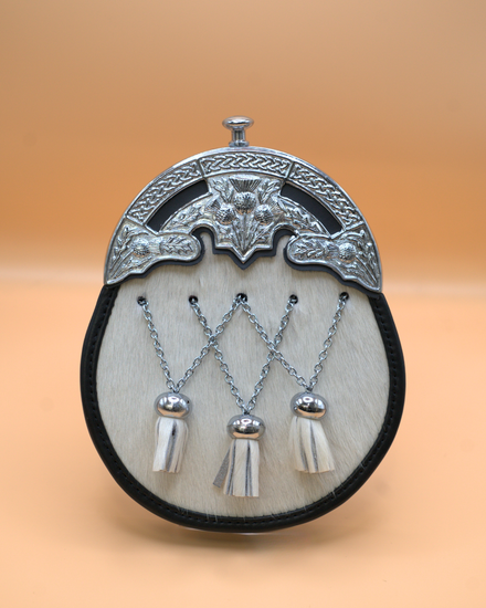 Full Dress Chrome Cross Tassels Sporran with Ornate Thistle Design - Natural Calfskin