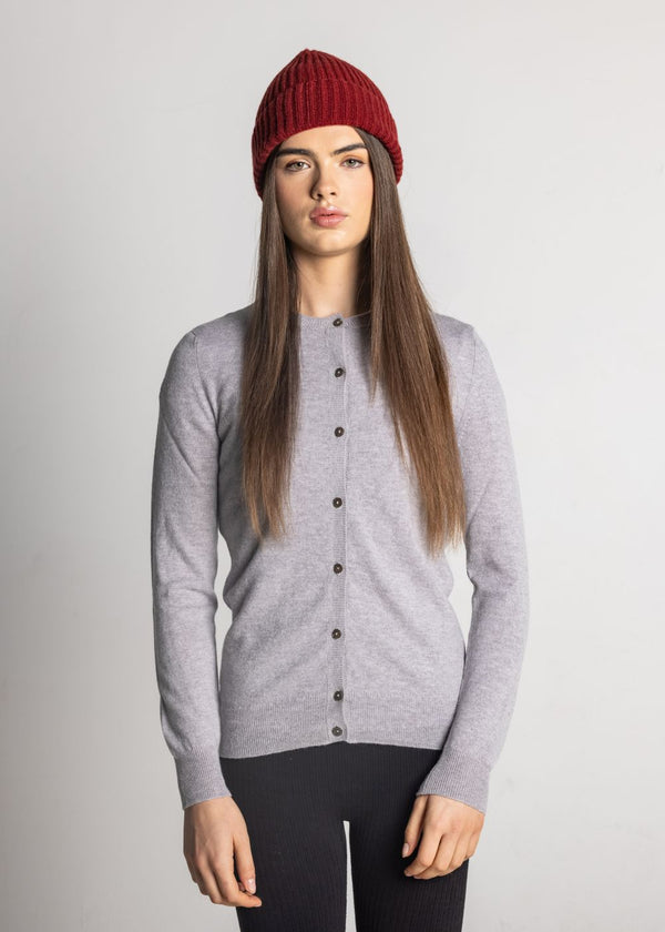 John Laing Women's Scottish Made Cashmere Crew Neck Cardigan - Light Grey