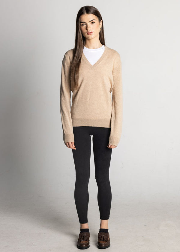 John Laing Women's Scottish Made Cashmere V-Neck Jumper - Camel
