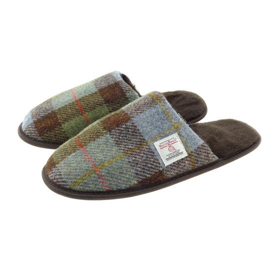 Harris Tweed Slippers - Green/Blue Check