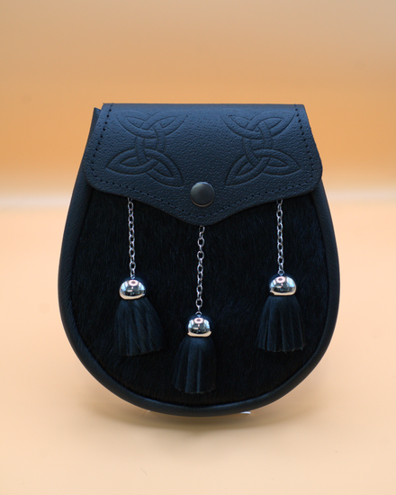 Scottish Made - Semi Dress Celtic Embossed Sporran - Black Calfskin