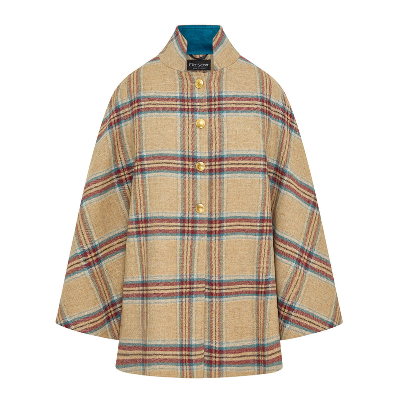 Women's Wool Victoria Cape - Multi Check (Cream/Red/Turquoise)