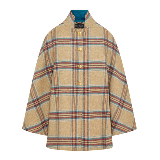 Women's Wool Victoria Cape - Multi Check (Cream/Red/Turquoise)