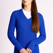 Isla Women's Scottish Made Cashmere V-Neck Cable Pattern Sweater - Beige
