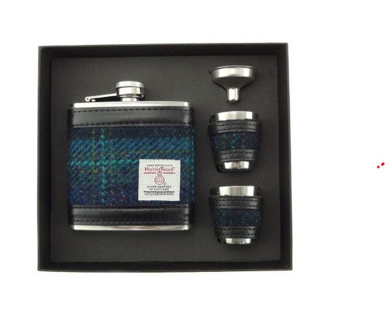 6oz Harris Tweed Hip Flask + Cups Gift Set