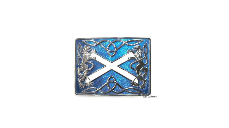 Saltire Lion Rampant Blue Enamel Belt Buckle - Chrome Finish