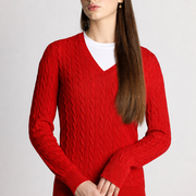 Isla Women's Scottish Made Cashmere V-Neck Cable Pattern Sweater - Beige