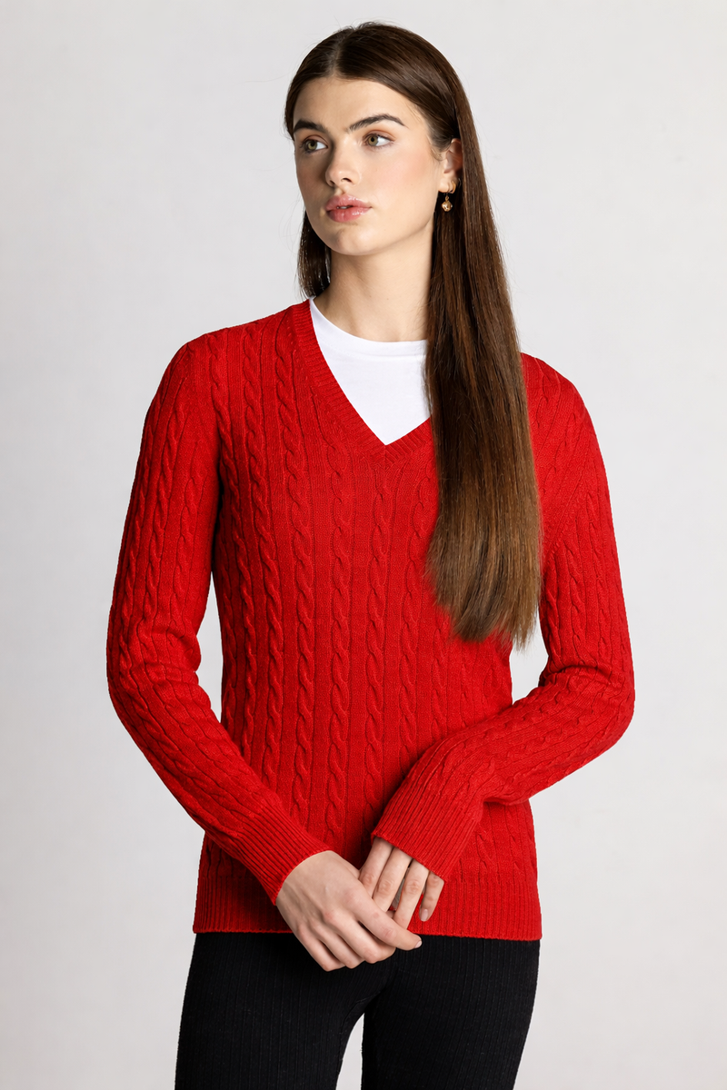 Isla Women's Scottish Made Cashmere V-Neck Cable Pattern Sweater - Beige