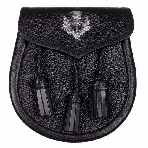 Black Leather Sporran with Thistle Emblem