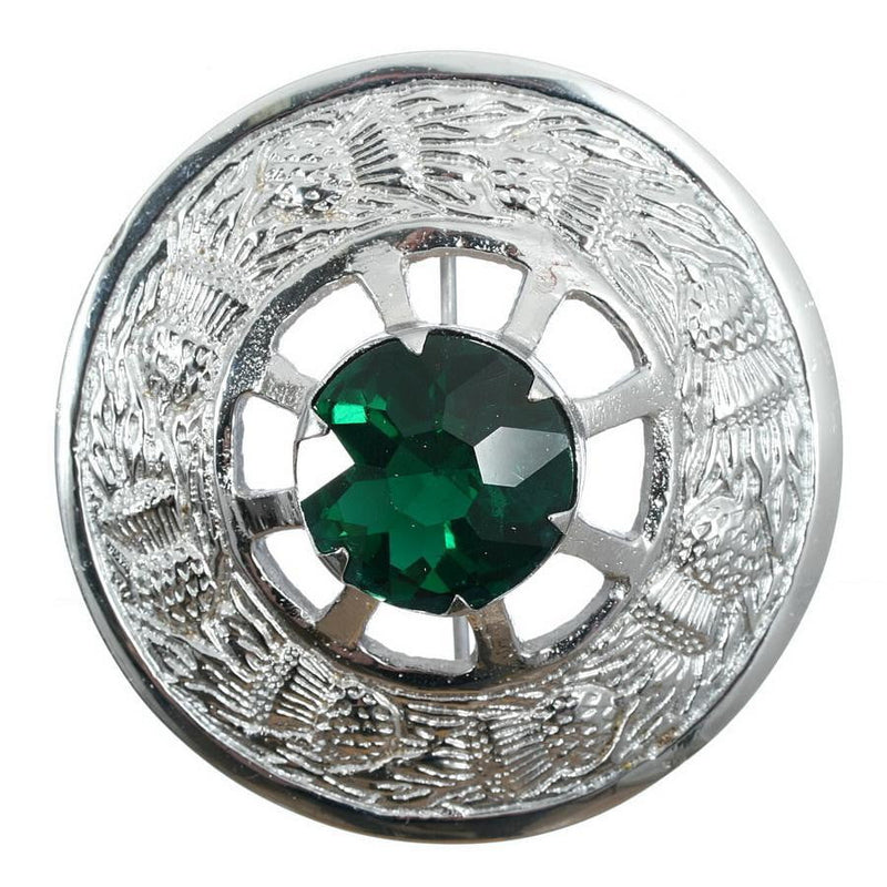 Thistle Design and Green Stone Brooch - Chrome Finish