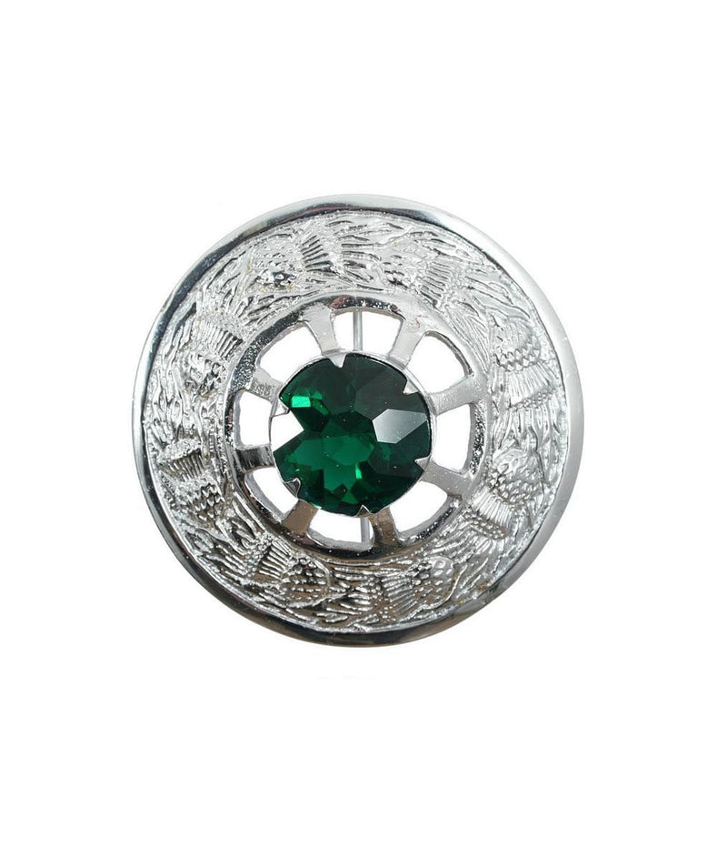 Thistle Design and Green Stone Brooch - Chrome Finish