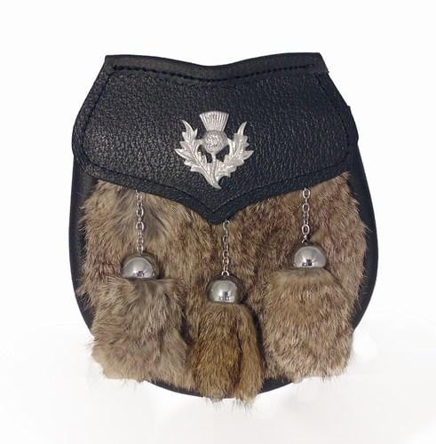 Semi Dress Sporran - Grey Rabbit Fur - Thistle Emblem