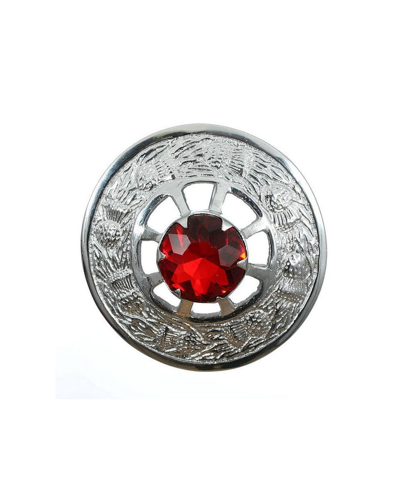 Thistle Design and Red Stone Brooch - Chrome Finish