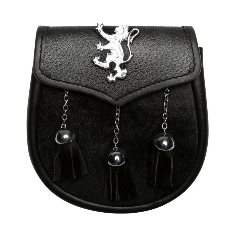 Semi Dress Sporran - Black Calfskin - Lion Emblem