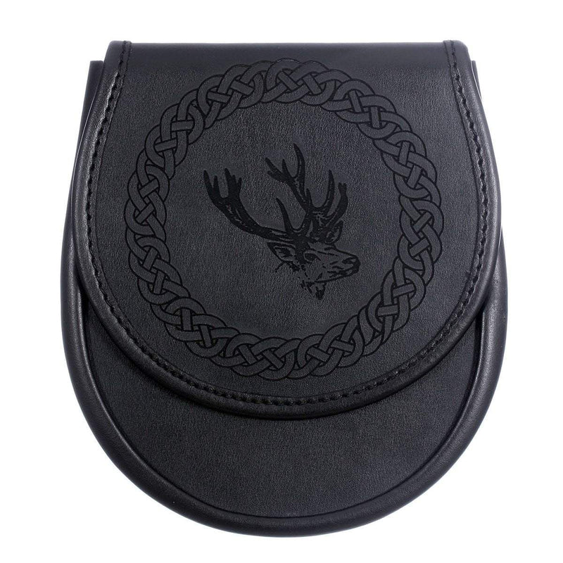 Black Leather Etched Sporran - Stag Design