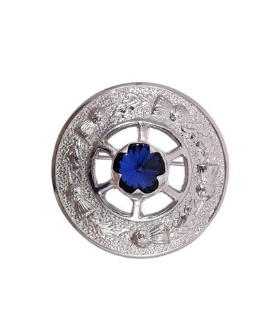 Miniature Thistle Design and Blue Stone Brooch - Chrome Finish