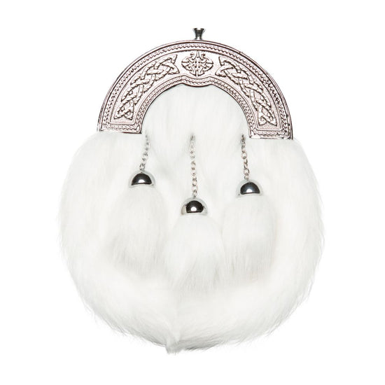 Chrome Plain Celtic Cantle Sporran - White Synthetic Fur