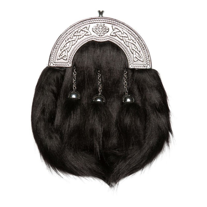 Chrome Plain Celtic Cantle Sporran - Black Synthetic Fur