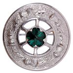 Miniature Thistle Design and Green Stone Brooch - Chrome Finish