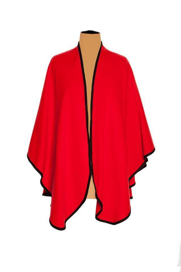 Women's Plain Cashmere Cape in Red with Black Trim