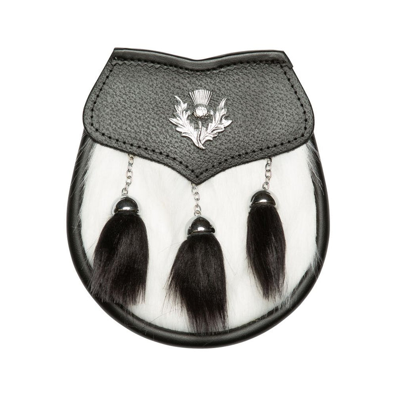 Semi Dress Sporran - White/Black Rabbit Fur - Thistle Emblem