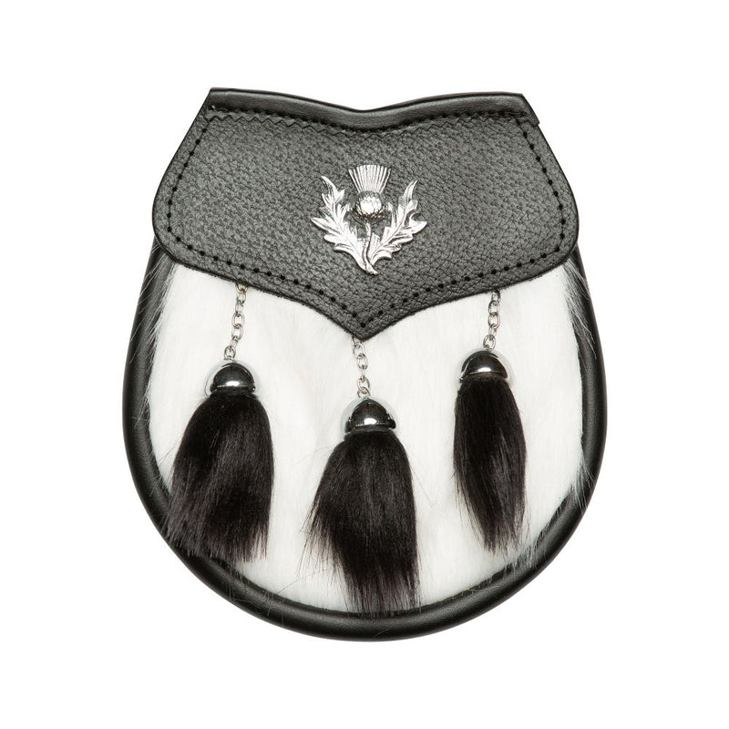 Semi Dress Sporran - White/Black Synthetic Fur - Thistle Emblem