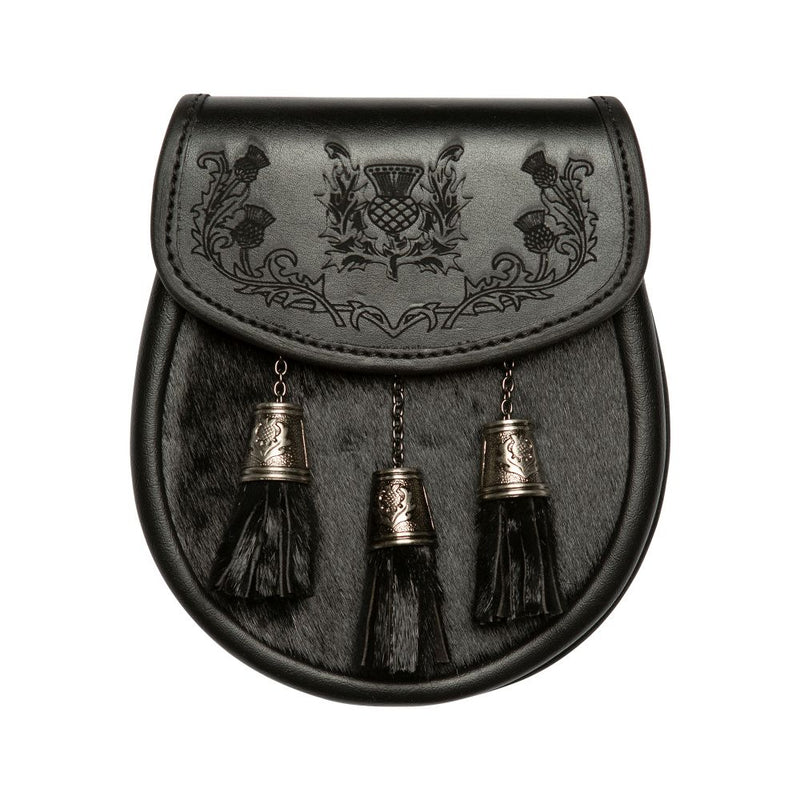 Semi Dress Sporran - Black Calfskin - Thistle Embossed